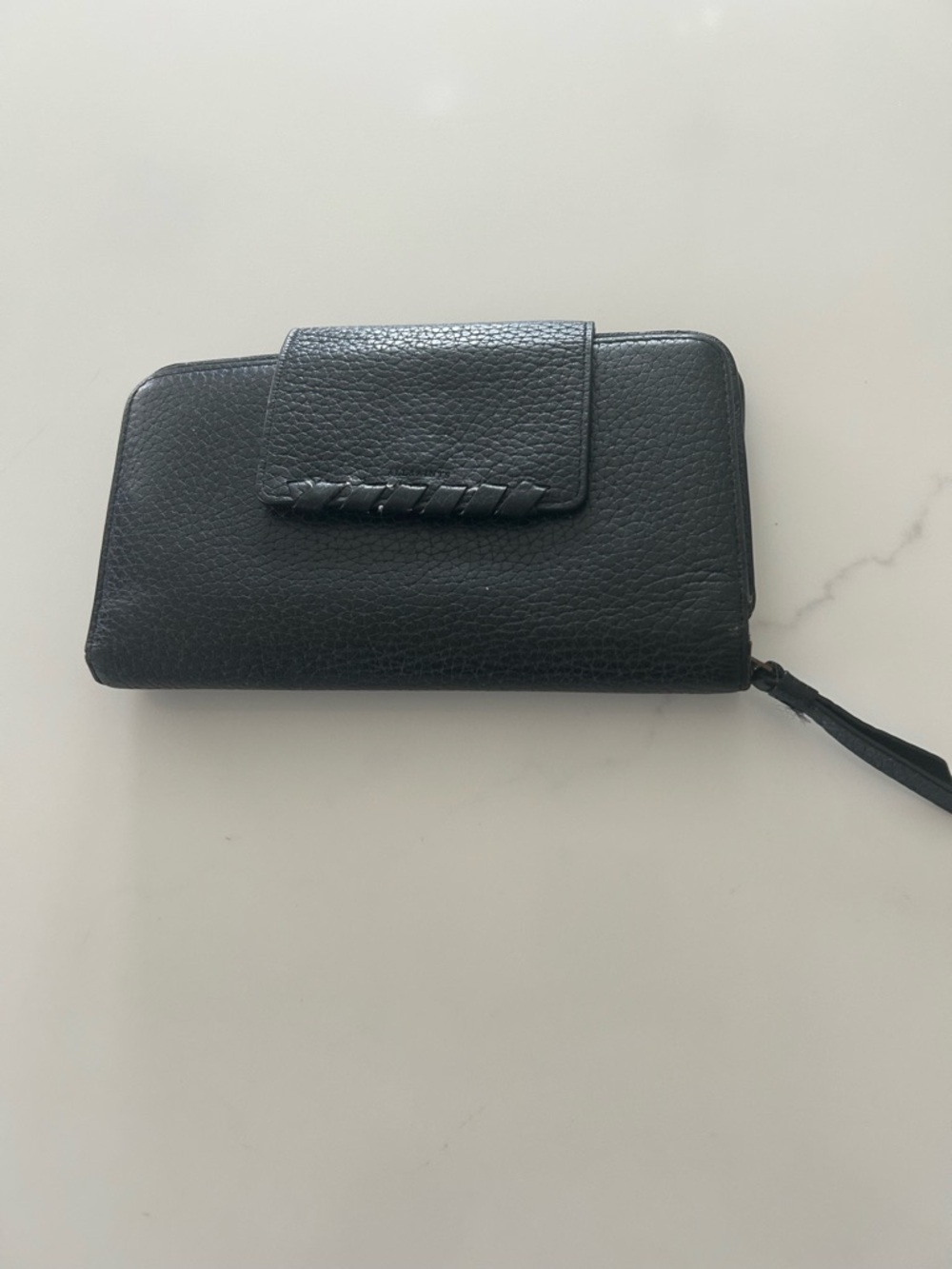 All Saints Black Textured Leather Wristlet Wallet with Braided Trim